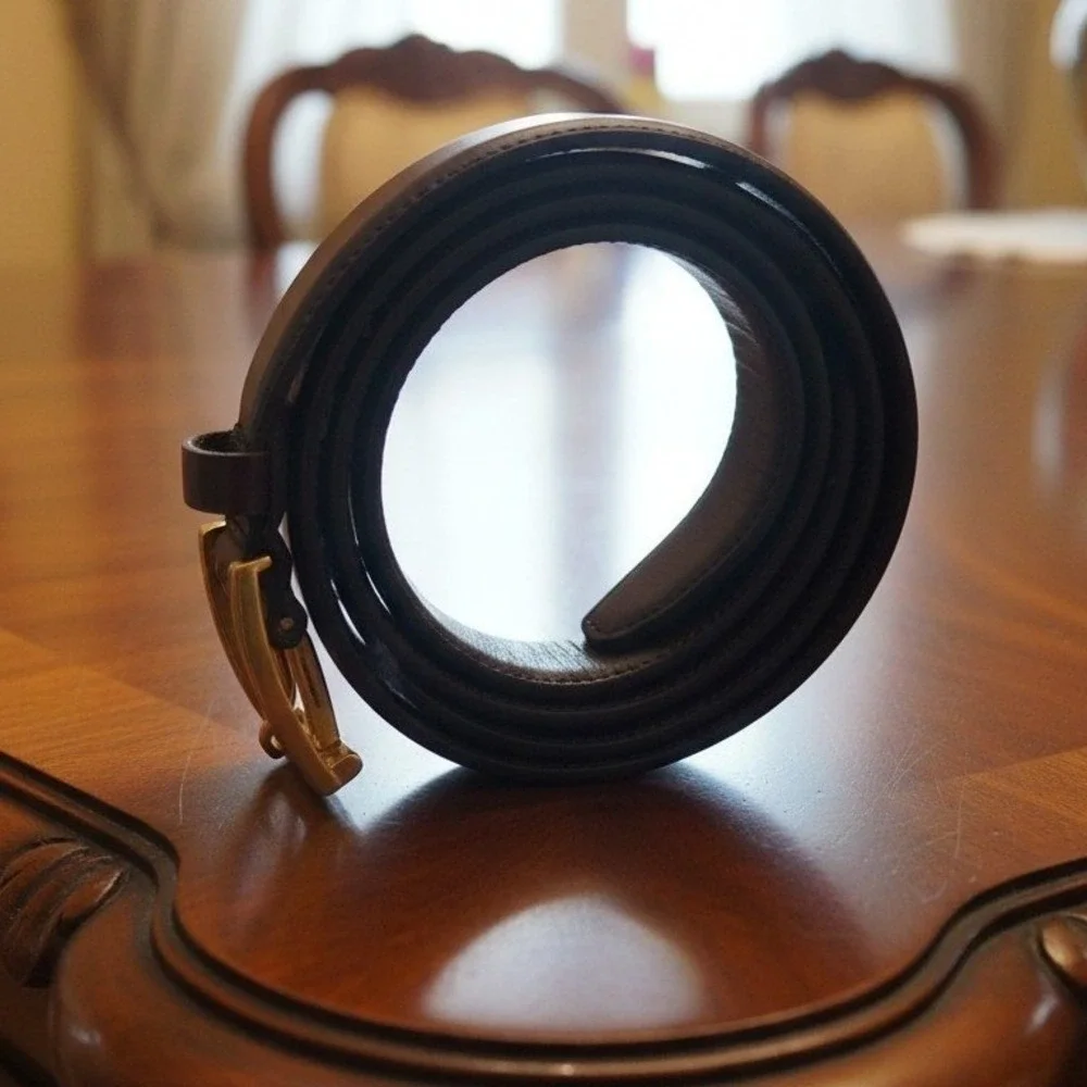 Hand Burnished Leather Belt, Made in Italy, Dark Brown Gold‎ Buckle, Size 34